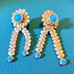 Vintage gold-toned dangle earrings, cabochon blue stones, Elegant Persian Vibe
